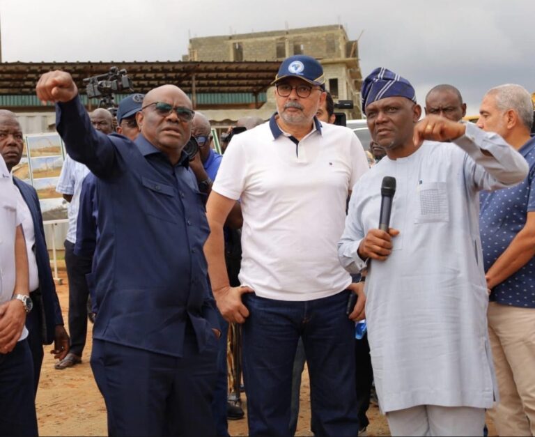 R-L: Ag. Executive Secretary, FCDA, Richard Dauda, Managing Director Arab Contractors, Mohammed Eldaros and the FCT Minister, Nyesom Wike, during the Minister's inspection of the ongoing construction of Arterial Road N1 from Wuye District to Ring Road II in Abuja...Thursday