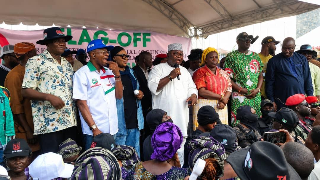 The governorship candidate of the Peoples Democratic Party (PDP) in Ogun State and the Chairman, Campaign Committee of the Presidential and National Assembly 2027 Elections, Oladipupo Adebutu, addressing the crowd at the campaign flag off ceremony in Abeokuta.