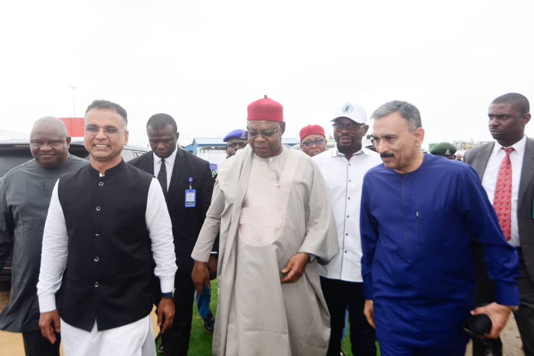 Deputy Governor of Delta State, Sir Monday Onyeme PhD., Chief of Naval Staff, Vice Admiral Idi Abbas, flanked by top management of SEEPCO, Mr. Raj Bhargava, Sandeep Singh and other top naval personnel during unveiling of SSV-KALI 3, a next-generation security support vessel