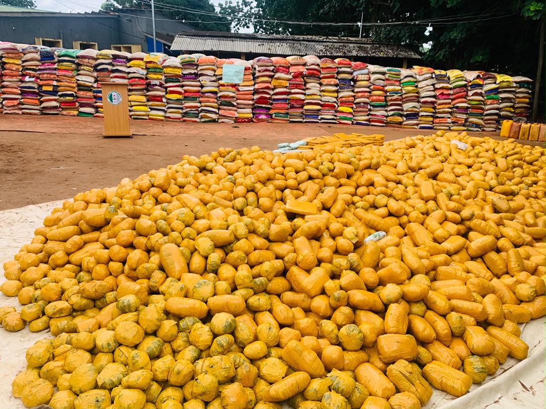 Cross section of bags of foreign parboiled rice and parcels of 'Ghana Loud' seized by the operatives of the Ogun 1 Area Command of the Nigeria Customs Service