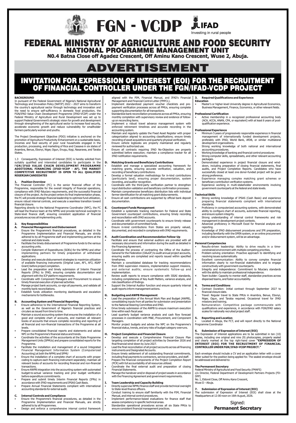 INVITATION FOR EXPRESSION OF INTEREST (EOI) FOR THE RECRUITMENT OF FINANCIAL CONTROLLER UNDER THE FGN/IFAD-VCDP PROJECT