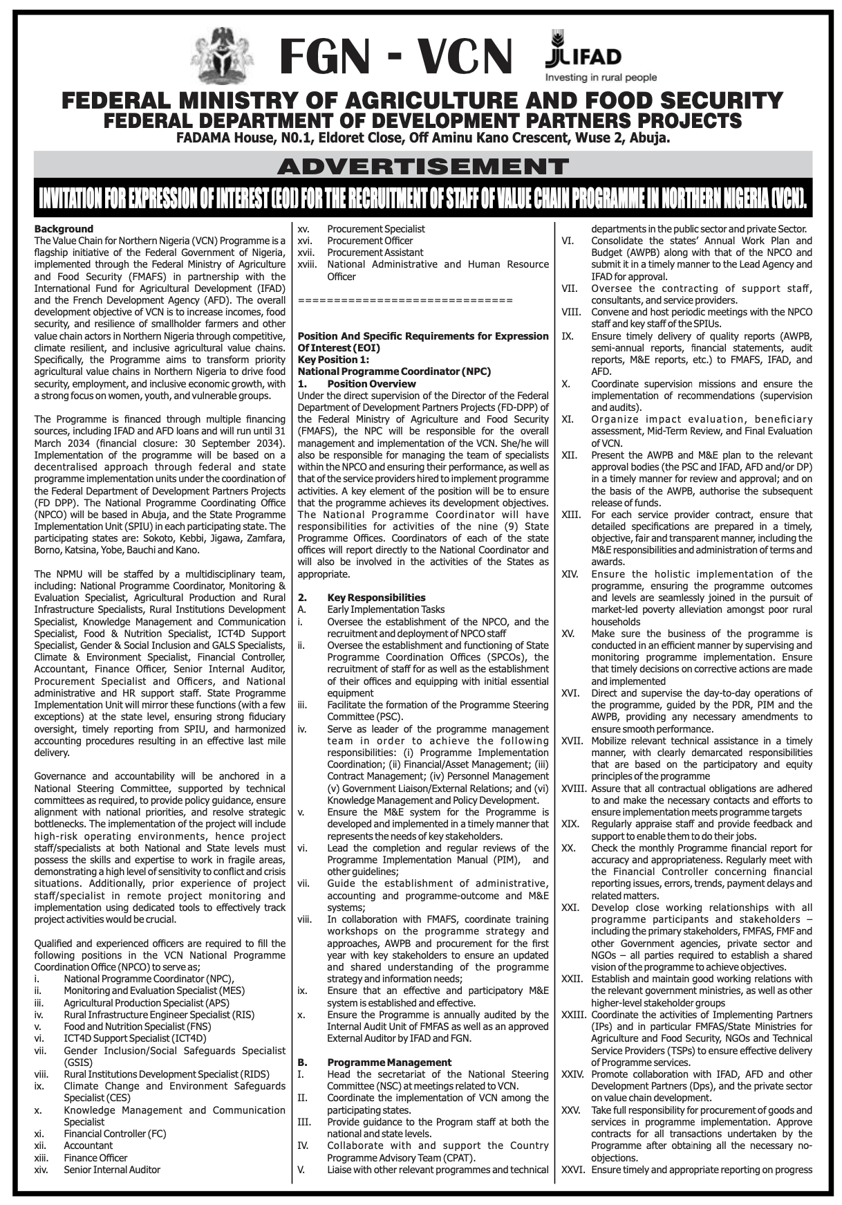 Invitation for Expression Of Interest (EOI) for the recruitment of staff of the Value Chain Programme in Northern Nigeria (VCN)
