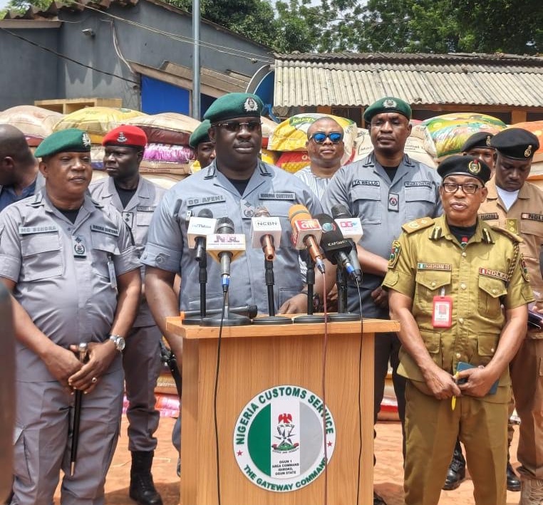 The Acting Customs Area Controller in charge of Ogun 1 Area Command, Oladapo Afeni, briefing reporters on the seizure made by the operatives of the commands