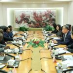 Chinese Vice Foreign Minister, Miao Deyu and the Chinese Foreign Ministry officials (r), during a meeting with the Kenyan delegation led by the Kenyan Principal Secretary of Foreign Affairs in the Ministry of Foreign and Diaspora Affairs, Abraham Korir SingOei in Beijing, China.