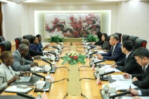 Chinese Vice Foreign Minister, Miao Deyu and the Chinese Foreign Ministry officials (r), during a meeting with the Kenyan delegation led by the Kenyan Principal Secretary of Foreign Affairs in the Ministry of Foreign and Diaspora Affairs, Abraham Korir SingOei in Beijing, China.