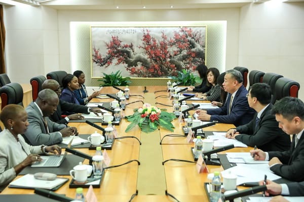 Chinese Vice Foreign Minister, Miao Deyu and the Chinese Foreign Ministry officials (r), during a meeting with the Kenyan delegation led by the Kenyan Principal Secretary of Foreign Affairs in the Ministry of Foreign and Diaspora Affairs, Abraham Korir SingOei in Beijing, China.