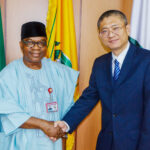 The Minister of State, Foreign Affairs, Ambassador Sola Enikanolaiye (l), receiving the Management of Huawei Technologies Nigeria delegation led by Jim Zhang (r) at the Tafawa Balewa House in Abuja
