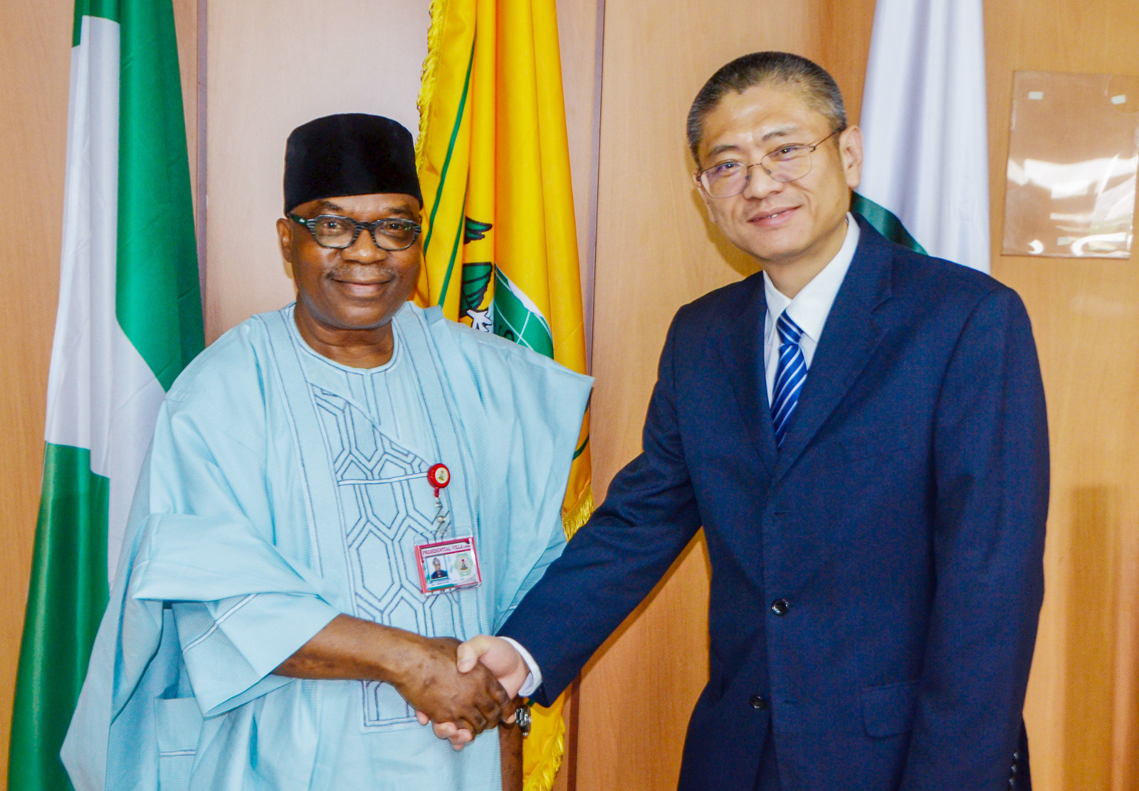 The Minister of State, Foreign Affairs, Ambassador Sola Enikanolaiye (l), receiving the Management of Huawei Technologies Nigeria delegation led by Jim Zhang (r) at the Tafawa Balewa House in Abuja