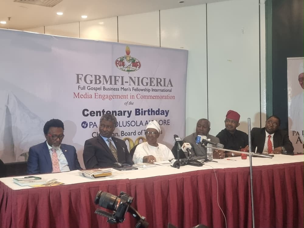 100-year-old Chairman of the Board of Trustees of the Full Gospel Business Men’s Fellowship International (FGBMFI), Nigeria, Dr. Olusola Ajolore (in white) surrounded by other officials of the Full Gospel Business Men’s Fellowship International – Nigeria
