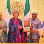 L-R: Wife of the Vice President and National Vice Chairman of RHI, Hajiya Nana Shettima; First Lady of Nigeria, Senator Oluremi Tinubu; FCT Minister, Nyesom Wike; and FCT Minister of State, Dr. Mariya Mahmoud Bunkure, after the First Lady presented a Certificate of Commendation to the Minister at the State House, Abuja, on Monday, August 3, 2026