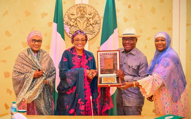 L-R: Wife of the Vice President and National Vice Chairman of RHI, Hajiya Nana Shettima; First Lady of Nigeria, Senator Oluremi Tinubu; FCT Minister, Nyesom Wike; and FCT Minister of State, Dr. Mariya Mahmoud Bunkure, after the First Lady presented a Certificate of Commendation to the Minister at the State House, Abuja, on Monday, August 3, 2026