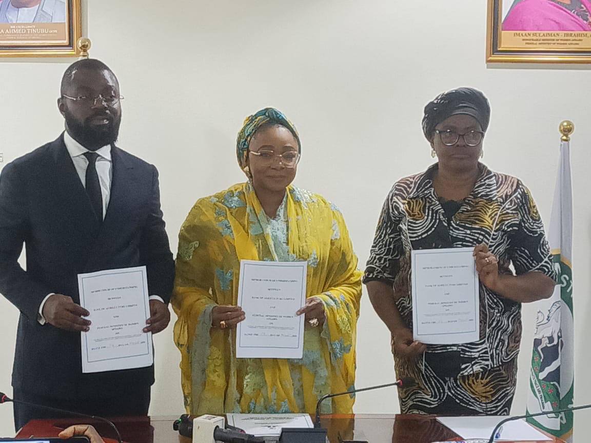 From left: Managing Director and Chief Executive Officer of the Bank of Agriculture, Ayodeji Sotinri, Minister of Women Affairs and Social Development, Imaan Ibrahim-Suliaman, and Permanent Secretary of the Ministry,. Esuabana Asanye after the signing of Memorandum of Understanding (MoU) with Bank of Agriculture (BOA) to provide affordable financing, mechanisation and guaranteed markets for women farmers under the Renewed Hope Women Agro-Value Expansion (RH-WAVE) Programme, targeting at least three million beneficiaries over the next three to five years.