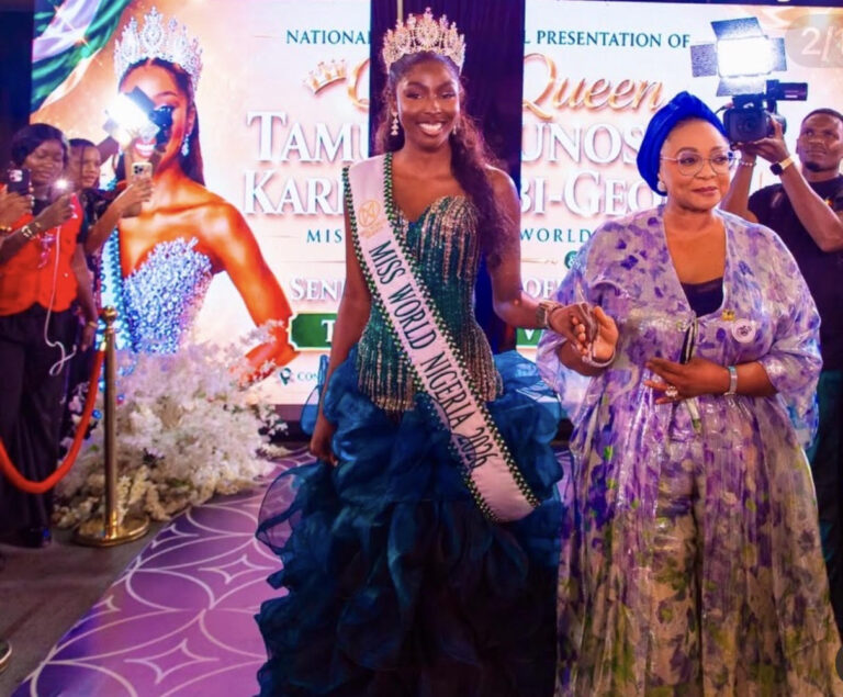 Minister of Women Affairs and Social Development, Imaan Suleiman-Ibrahim (right), with Miss Nigeria 2026, Tamunosoye Karibi-George, during her official national send-off in Abuja ahead of the 75th Miss World Pageant in Vietnam, where she will represent Nigeria
