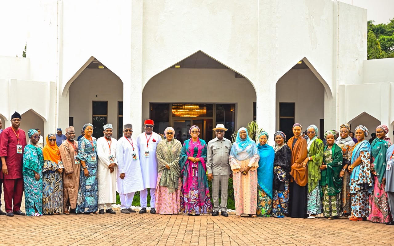 First Lady of Nigeria, Senator Oluremi Tinubu (centre), flanked by Wife of the Vice President and National Vice Chairman of RHI, Hajiya Nana Shettima (left), and FCT Minister, Nyesom Wike (right), with FCTA delegates after the presentation of a Certificate of Commendation to the Minister at the State House, Abuja, on Monday, August 3, 2026