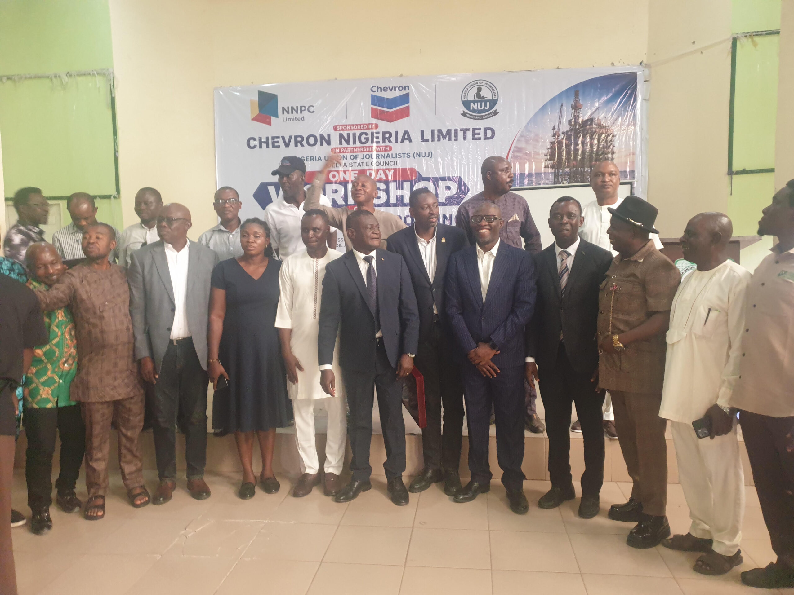 Communications Manager Dr. Victor Anyaegbudike, flanked by other officials of Chevron and participants of the NUJ during the workshop at the NUJ Secretariat in Asaba, Delta state, on Monday, August 24, 2026