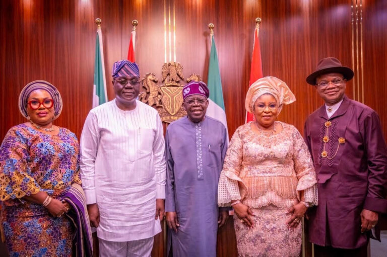 From left: Wife of the Head of Service, Olawunmi Enitan, Head of Civil Service of the Federation (HoCSF), Abel Enitan, President Bola Tinubu, former Head of Civil Service of the Federation (HoCSF), Mrs Didi Walson-Jack, and her husband, Nimi Wilson-Jack, at the swearing-in ceremony of the HoCSF at the State House, Abuja. Thursday, August 27, 2026