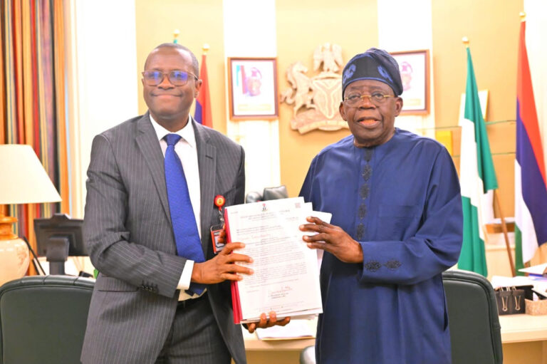 L-R:Chairman, Independent Corrupt Practices and other Related Offences Commission (ICPC), Dr. Musa Aliyu, presenting transmittal interim investigation report on the purported Director General of Presidential Foreign Investment Promotion Council (PFIPC), Adeniyi Adeyemi Matthew, to the President Bola Ahmed Tinubu, held at Presidential Villa Abuja on Thursday