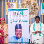 L-R: Secretary to the Government of the Federation/Grand Patron of Tinubu National Frontiers (TNF) George Akume, and the National Coordinator of Tinubu National Frontiers (TNF), Hajia Yasmine Binta Sabeh, in a photograph during the courtesy visit to OSGF
