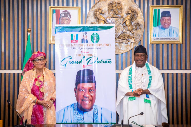 L-R: Secretary to the Government of the Federation/Grand Patron of Tinubu National Frontiers (TNF) George Akume, and the National Coordinator of Tinubu National Frontiers (TNF), Hajia Yasmine Binta Sabeh, in a photograph during the courtesy visit to OSGF
