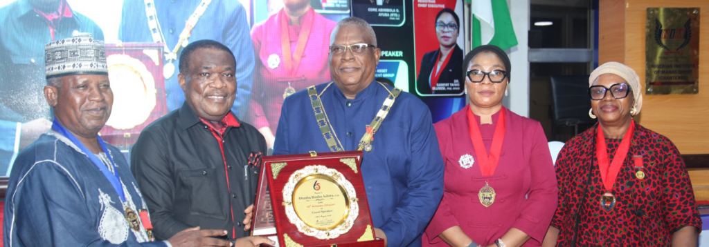 L-R: Deputy President, NIM, Dr. Umar Mustapha; Otunba Ashiru; Abimbola Ayuba; Registrar/Chief Executive, NIM, Taiwo Olusesi; and National Treasurer, NIM, Clara Okere, at the colloquium in Lagos