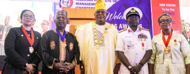 L-R: Registrar/Chief Executive, NIM, Taiwo Olusesi; Deputy President, NIM, Umar Mustapha; President/Chairman of Council, NIM, Commodore Abimbola Ayuba rtd; Chief of Naval Staff, Vice Admiral Idi Abbas, and Nat.Treasurer, NIM, Mrs. Clara Okere at the Institute's 2026 Awards, Fellows&Spouses' Day Luncheon held in Lagos.