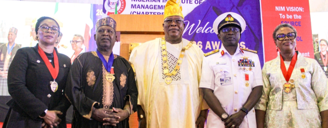L-R: Registrar/Chief Executive, NIM, Taiwo Olusesi; Deputy President, NIM, Umar Mustapha; President/Chairman of Council, NIM, Commodore Abimbola Ayuba rtd; Chief of Naval Staff, Vice Admiral Idi Abbas, and Nat.Treasurer, NIM, Mrs. Clara Okere at the Institute’s 2026 Awards, Fellows&Spouses’ Day Luncheon held in Lagos.