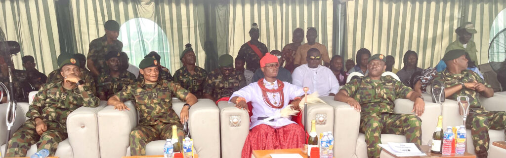 From left; Brigadier General MG Mohammed, 16 Brigade, Bayelsa, Major General Everest Ifeanyi Okoro, GOC , 6Division, the Special Guest of Honour, HRM Pere Peremobowei Shadrack Erebulu, Peremobowei of Kabowei Kingdom, Patani, Delta state, Commander, 63 Brigade, Asaba, Brigadier General Ibrahim Buhari and Brigadier General Abubakar Aliyu of 6Division, Port Harcourt