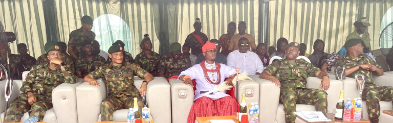From left; Brigadier General MG Mohammed, 16 Brigade, Bayelsa, Major General Everest Ifeanyi Okoro, GOC , 6Division, the Special Guest of Honour, HRM Pere Peremobowei Shadrack Erebulu, Peremobowei of Kabowei Kingdom, Patani, Delta state, Commander, 63 Brigade, Asaba, Brigadier General Ibrahim Buhari and Brigadier General Abubakar Aliyu of 6Division, Port Harcourt