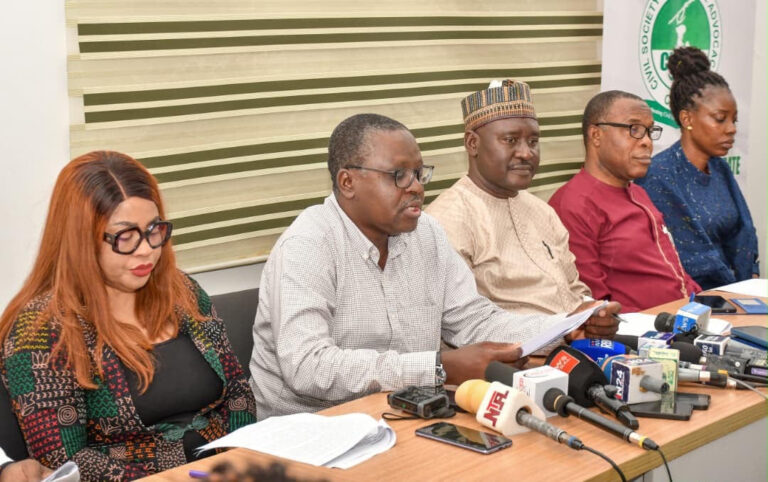 L-R: Lydia Odeh, Chief Executive Officer of Triple C, Isa Sanusi of Amnesty Nigeria, Executive Director of the Civil Society Legislative Advocacy Centre (CISLAC), Awwal Musa Rafsanjani, Dauda Garuba, Director of the Centre for Democracy and Development (CDD) and West Africa and Bunmi Aweda, Country Manager Global Rights at the Joint Civil Society Press Conference on Protecting Civic Space, Constitutional Freedoms and Democratic Governance in Abuja, August 3rd, 2026