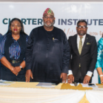 L-R: Mr Ibitayo Ogunbanwo, Director, CIoD Nigeria Academy; Prof. Segun Aina, Team Lead, Course Pack&Question Bank, Director Dev.&Certification C’ttee, CIoD Nigeria; Mrs. Foluso Olaniyan,  Chairman, Dir. Dev. &Certification C’ttee, CIoD Nigeria; Otunba Oyebanji, President/Chairman, Governing Council, CIoD Nigeria; Dr. Taiwo Nolas-Alausa, DG/CEO, CIoD Nigeria; Dr. Ije Jidenma, Past President, CIoD Nigeria; and Alhaji Tijjani Borodo, Immediate Past President, CIoD Nigeria, at the launch of CDCP in Lagos