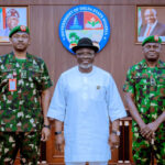 Delta State Governor, Rt. Hon. Sheriff Oborevwori (middle), flanked by the Chief of Army Standards and Evaluation and Team Lead, Major General Thompson Bobby Ugiagbe (left), and the Commander, 63 Brigade and Commander, Sector 1, Joint Task Force (JTF), South-South, Operation Delta Safe (OPDS), Brigadier General Ibrahim Bello Buhari, during a stakeholders’ consultative visit on the readjustment of Areas of Responsibility following the creation of the Nigerian Army’s 83 Division, at Government House, Asaba, Tuesday. PHOTO: SAMUEL JIBUNOR