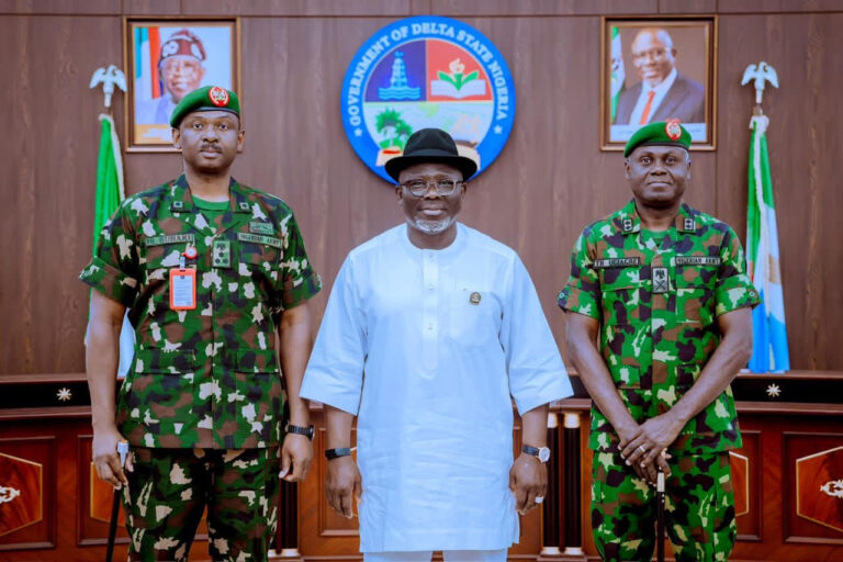 Delta State Governor, Rt. Hon. Sheriff Oborevwori (middle), flanked by the Chief of Army Standards and Evaluation and Team Lead, Major General Thompson Bobby Ugiagbe (left), and the Commander, 63 Brigade and Commander, Sector 1, Joint Task Force (JTF), South-South, Operation Delta Safe (OPDS), Brigadier General Ibrahim Bello Buhari, during a stakeholders’ consultative visit on the readjustment of Areas of Responsibility following the creation of the Nigerian Army’s 83 Division, at Government House, Asaba, Tuesday. PHOTO: SAMUEL JIBUNOR