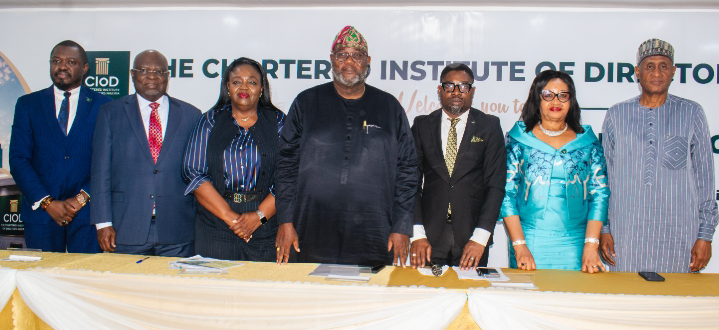 L-R: Mr Ibitayo Ogunbanwo, Director, CIoD Nigeria Academy; Prof. Segun Aina, Team Lead, Course Pack&Question Bank, Director Dev.&Certification C'ttee, CIoD Nigeria; Mrs. Foluso Olaniyan, Chairman, Dir. Dev. &Certification C'ttee, CIoD Nigeria; Otunba Oyebanji, President/Chairman, Governing Council, CIoD Nigeria; Dr. Taiwo Nolas-Alausa, DG/CEO, CIoD Nigeria; Dr. Ije Jidenma, Past President, CIoD Nigeria; and Alhaji Tijjani Borodo, Immediate Past President, CIoD Nigeria, at the launch of CDCP in Lagos